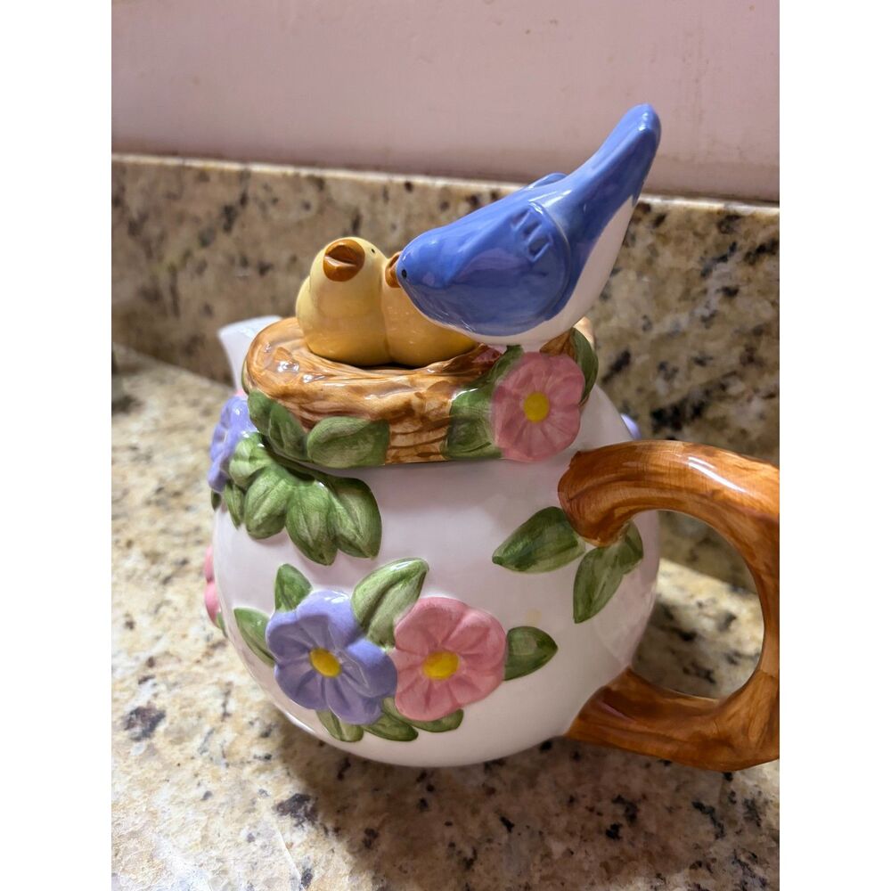 Vintage TelaFlora Ceramic Blue Bird with baby Birds in their Nest Teapot
